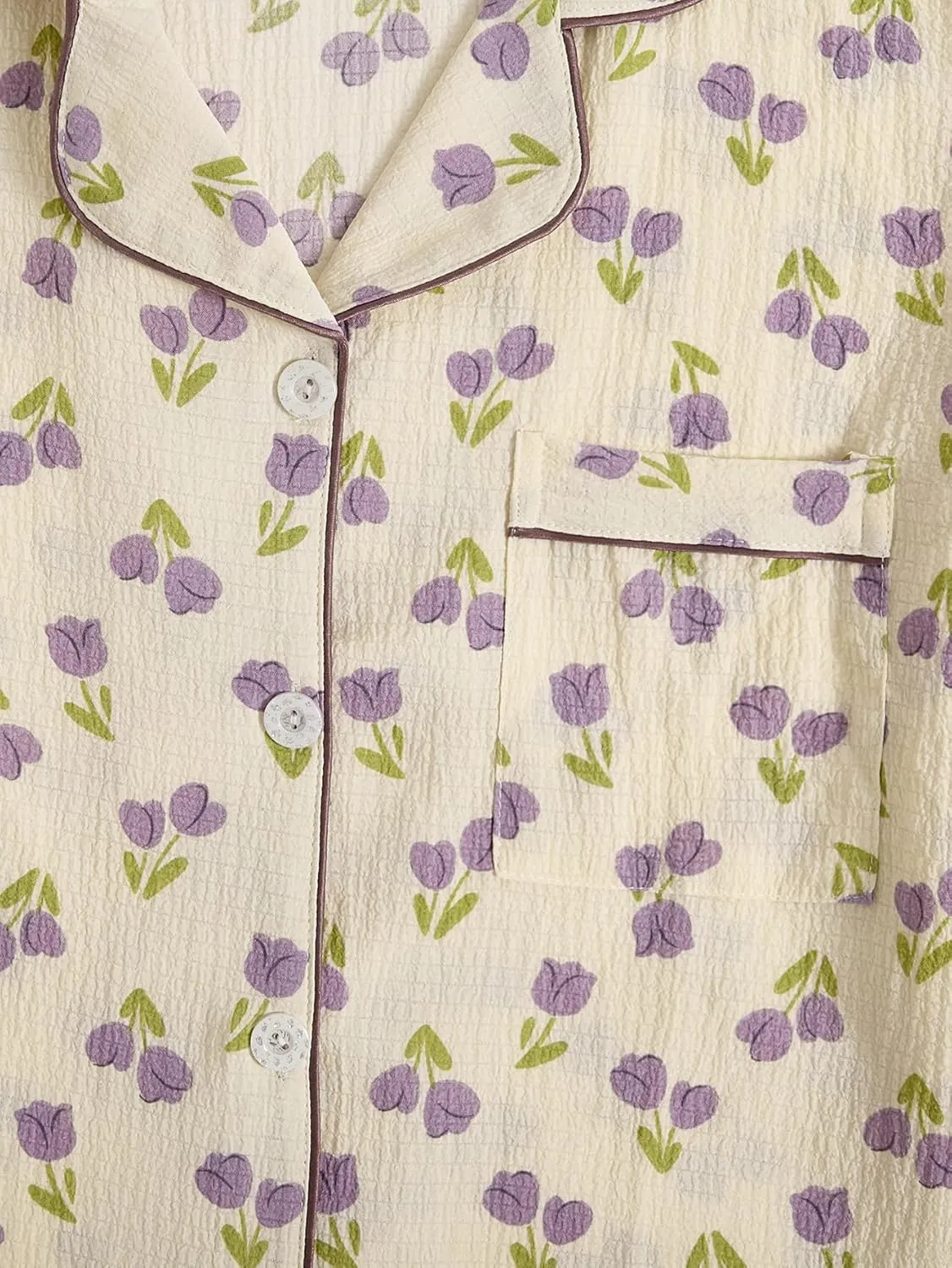 Verdusa Women's 2 Piece Pajama Set Matching Pjs Sets Cute Printed Sleepwear Button Up Shirt with Lounge Shorts Set