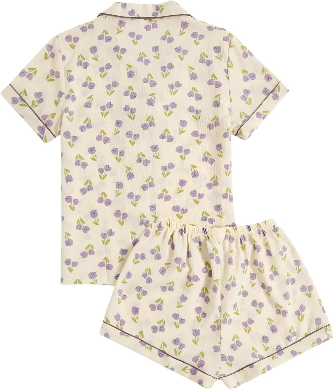 Verdusa Women's 2 Piece Pajama Set Matching Pjs Sets Cute Printed Sleepwear Button Up Shirt with Lounge Shorts Set