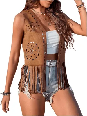 Verdusa Women's Fringe Faux Suede Vest Casual Open Front Sleeveless Tassel Hippie Jacket