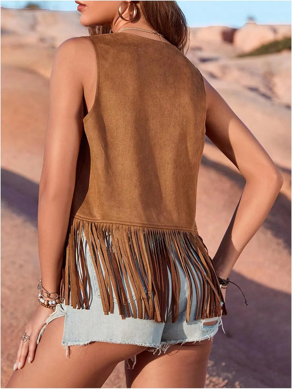 Verdusa Women's Fringe Faux Suede Vest Casual Open Front Sleeveless Tassel Hippie Jacket