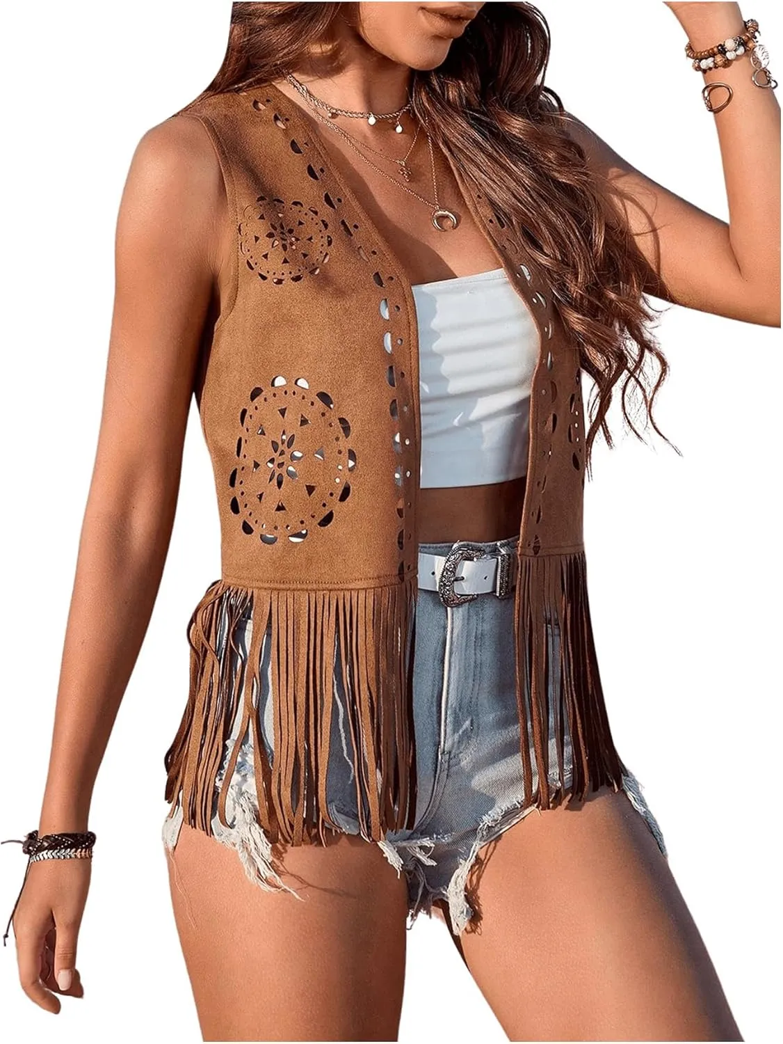 Verdusa Women's Fringe Faux Suede Vest Casual Open Front Sleeveless Tassel Hippie Jacket