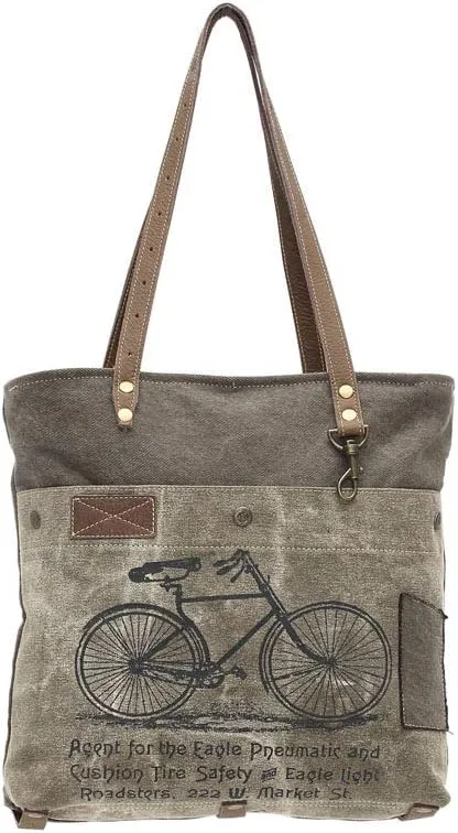 Vintage Bicycle Print Upcycled Canvas and Genuine Leather Trim Tote Bag
