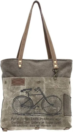 Vintage Bicycle Print Upcycled Canvas and Genuine Leather Trim Tote Bag
