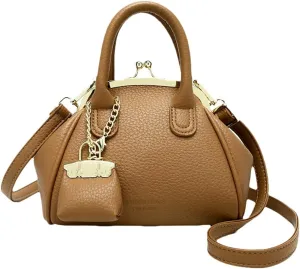Vintage Kiss Lock Purse for Women Trendy PU Leather Crossbody Bag Satchel with Top Handle Wedding Evening Clutch