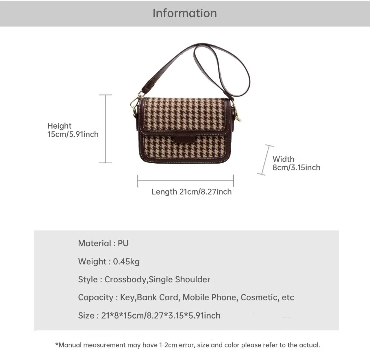 Vintage Plaid Shoulder Bag For Women Crossbody Bag, Brown/Black PU Leather Trim, Adjustable Shoulder Strap