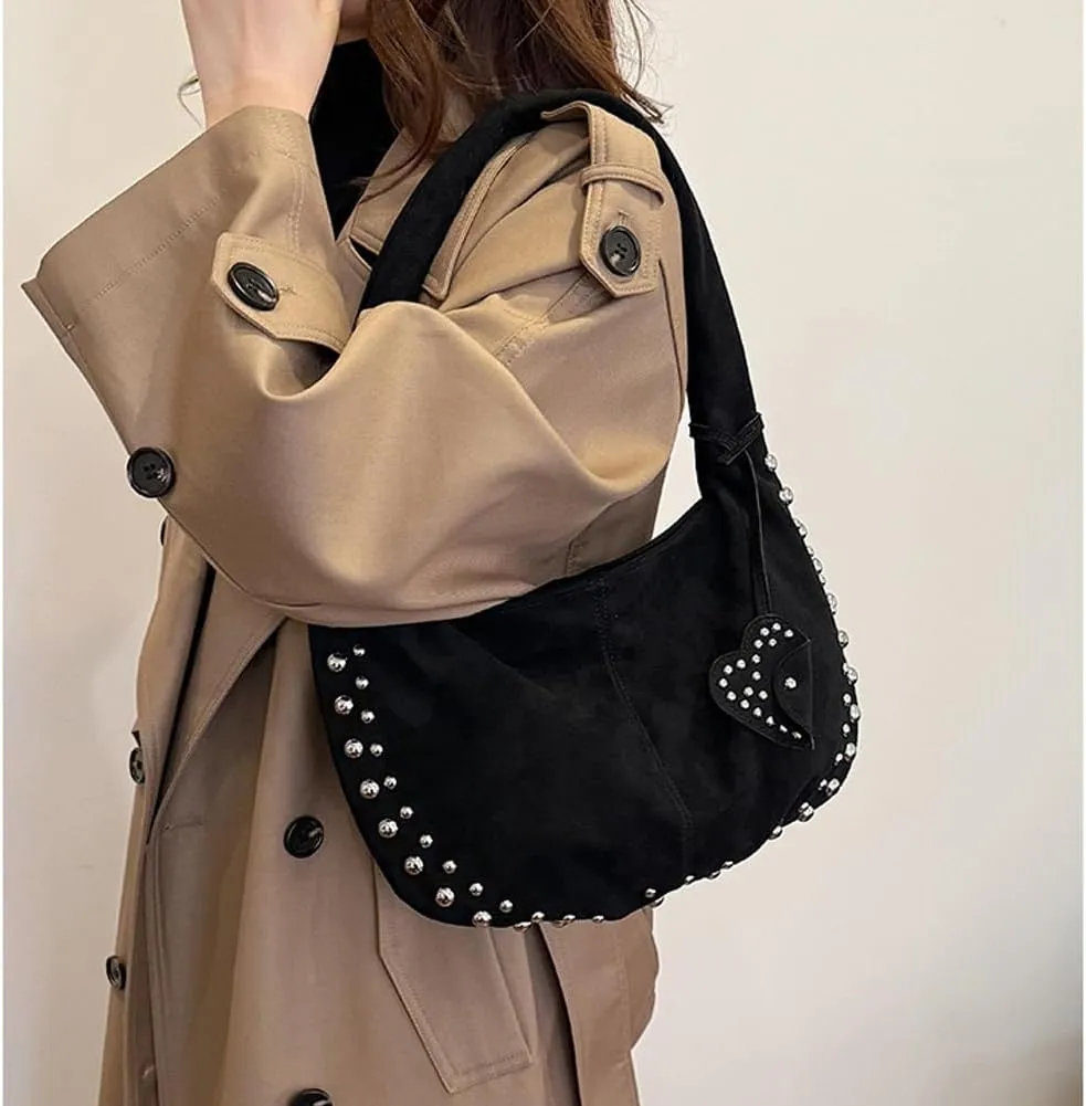 Vintage Suede Y2k Shoulder Bag - Studded Purses Vegan Leather for Fall