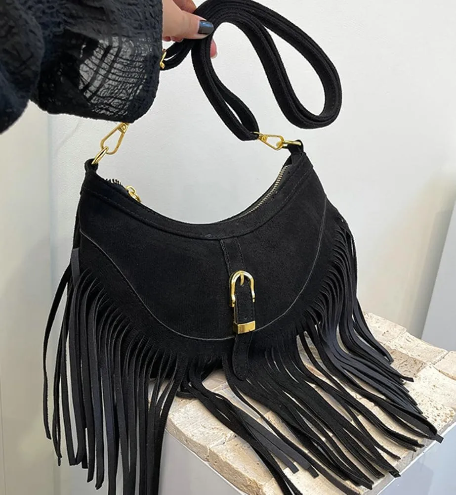Vintage Tote Bags for Women Small Frosted Leather Shoulder Crossbody Bag Handbag Crescent Purse Satchel with Tassels