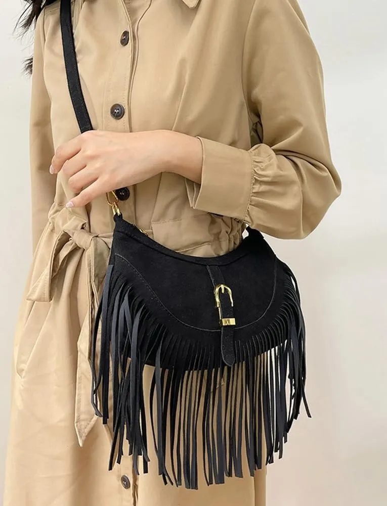 Vintage Tote Bags for Women Small Frosted Leather Shoulder Crossbody Bag Handbag Crescent Purse Satchel with Tassels