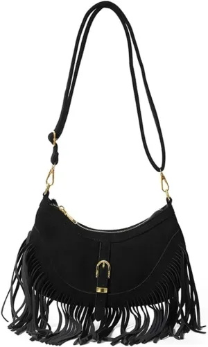 Vintage Tote Bags for Women Small Frosted Leather Shoulder Crossbody Bag Handbag Crescent Purse Satchel with Tassels
