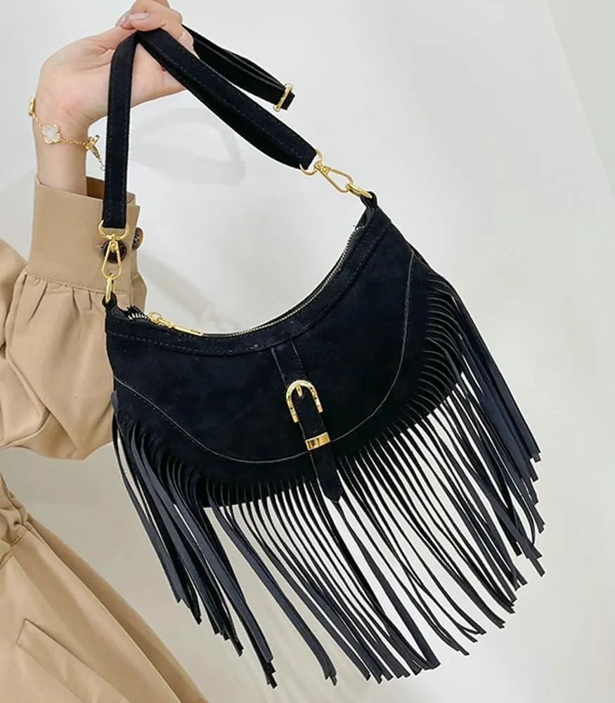 Vintage Tote Bags for Women Small Frosted Leather Shoulder Crossbody Bag Handbag Crescent Purse Satchel with Tassels