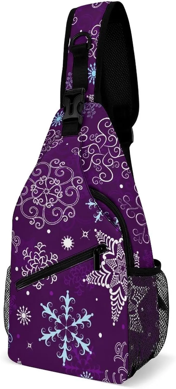 Violet Christmas Snowflakes Crossbody Sling Backpack Purple Xmas Winter Sling Bag Adjustable Travel Hiking Chest Bags Daypack
