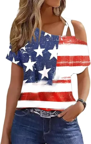 VKEGNIO Criss-Cross One Shoulder Tops Sexy Cold Shoulder Shirts Summer Short Sleeve T-Shirts Vacation Loose Casual Tees