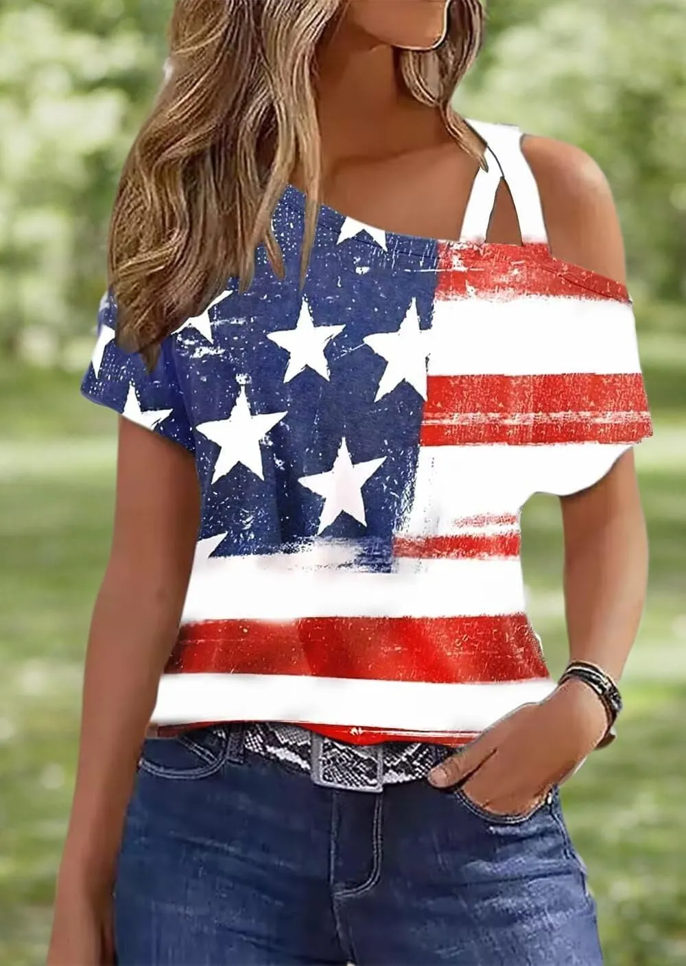 VKEGNIO Criss-Cross One Shoulder Tops Sexy Cold Shoulder Shirts Summer Short Sleeve T-Shirts Vacation Loose Casual Tees