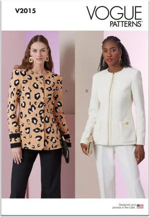 Vogue Misses' Lined Semi-Fitted Collarless Jackets Sewing Pattern Packet, Design Code V2015, Sizes 8-10-12-14-16, Multicolor