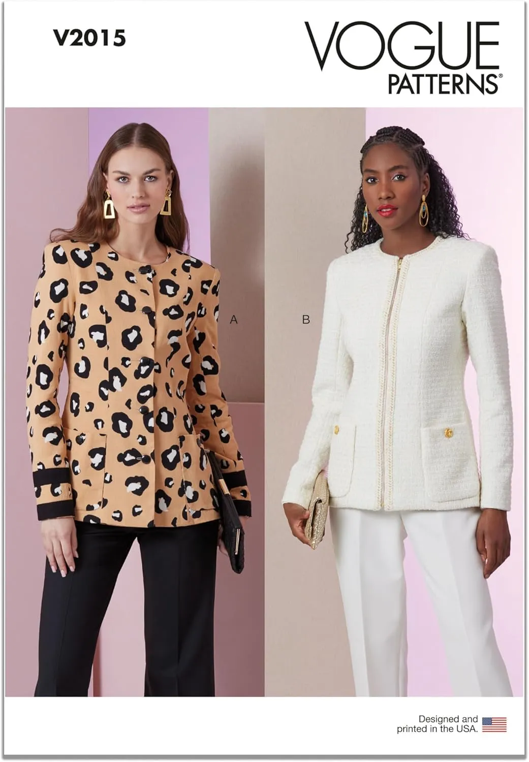 Vogue Misses' Lined Semi-Fitted Collarless Jackets Sewing Pattern Packet, Design Code V2015, Sizes 8-10-12-14-16, Multicolor