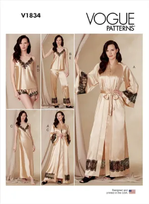Vogue Misses' Loose-Fitting Wrap Robe, Belt, Camisole, Slip, Shorts and Pants Sewing Pattern Kit, Code V1834, Sizes 8-10-12-14-16, Multicolor
