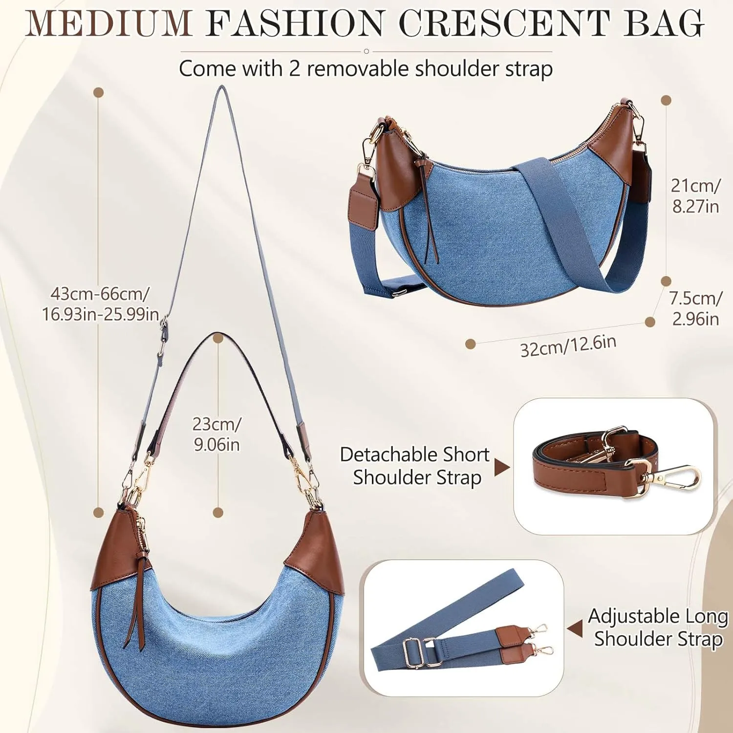 VX VONXURY Shoulder Bag for Women,Medium Canvas Crescent Crossbody Saddle Purse with Zipper Closure,Fashion Underarm Handbag