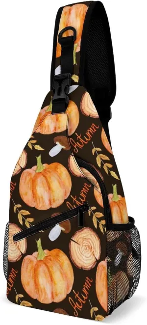 Watercolor Autumn Sling Bag for Men Women Pumpkin Stump Mushroom Shoulder Backpack Chest Bags Crossbody Daypack for Hiking Camping Outdoor Trip