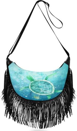 Watercolor-world-oceans-day Women Tassel Fringe Shoulder bag, Fringe Purse Crossbody, Women Tassel Hobo Bag with Zipper