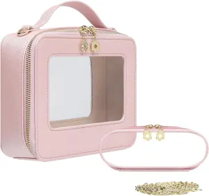 Waterproof Cosmetic Bag with Makeup Brush Bag, Leather Travel Makeup Bag with handle, Crossbody Shoulder Bag with metal detachable shoulder strap for Women (pearl pink)