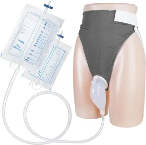 Wearable Urine Collector Set with Silicone Urine Catching Capsule, 1.2M Flexible Catheter, Breathable Cotton Pants, and 1000ml & 2000ml Collection Bags, Men Grey