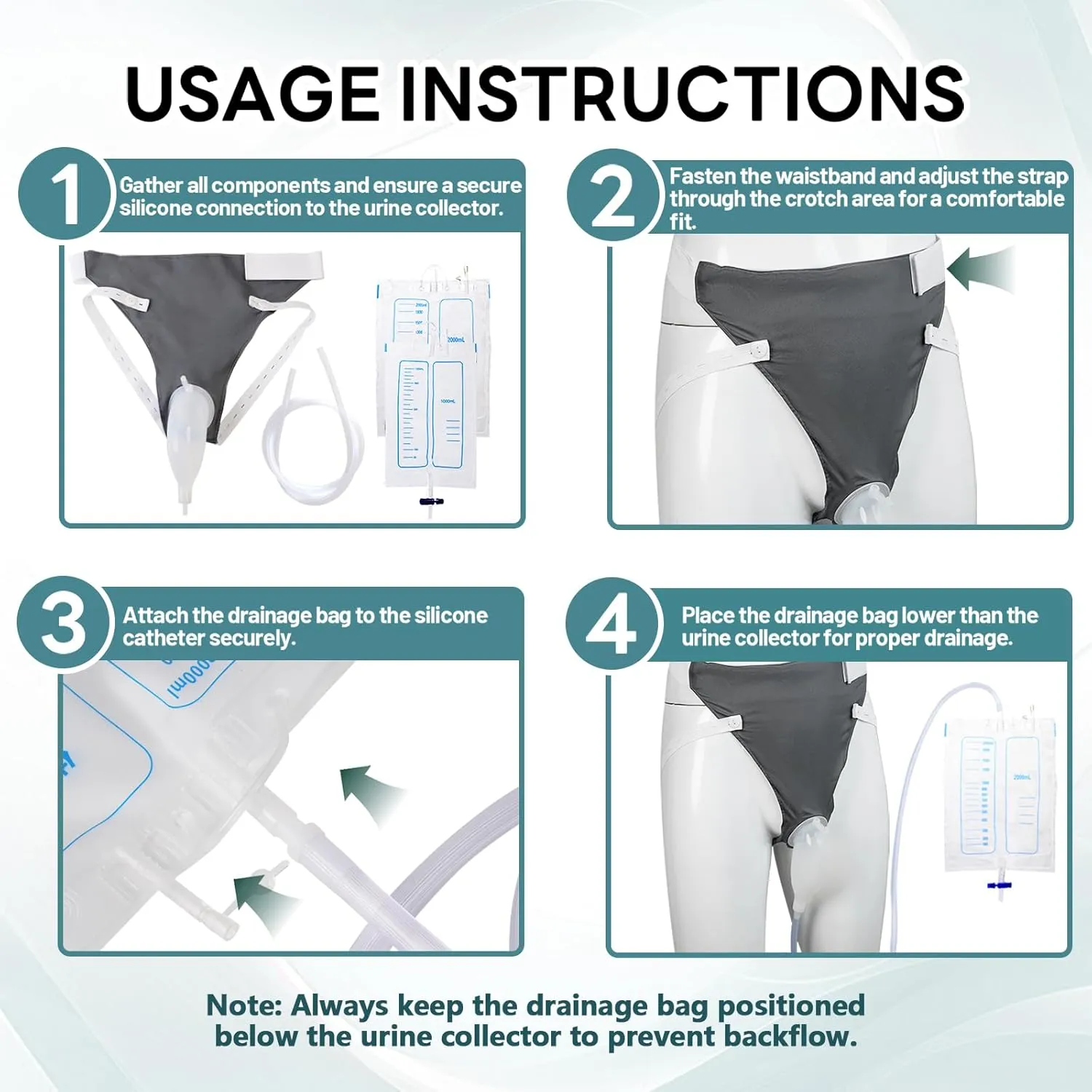 Wearable Urine Collector Set with Silicone Urine Catching Capsule, 1.2M Flexible Catheter, Breathable Cotton Pants, and 1000ml & 2000ml Collection Bags, Men Grey