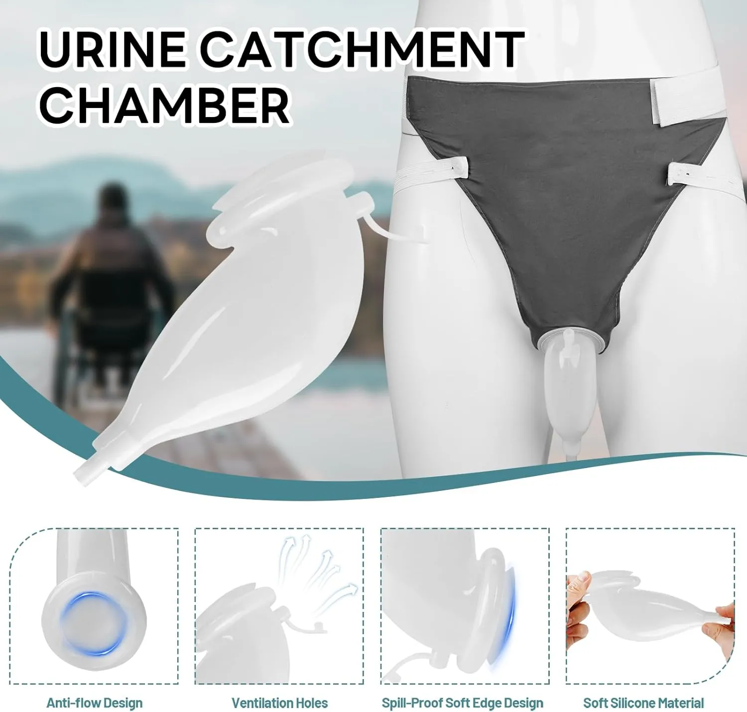 Wearable Urine Collector Set with Silicone Urine Catching Capsule, 1.2M Flexible Catheter, Breathable Cotton Pants, and 1000ml & 2000ml Collection Bags, Men Grey