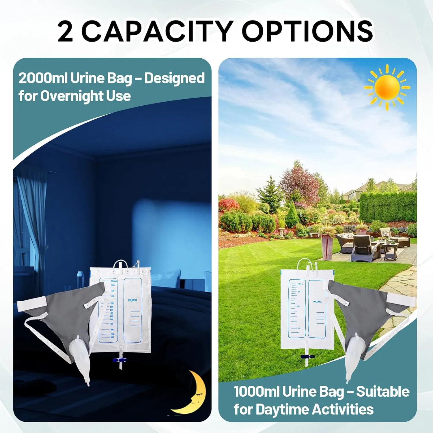 Wearable Urine Collector Set with Silicone Urine Catching Capsule, 1.2M Flexible Catheter, Breathable Cotton Pants, and 1000ml & 2000ml Collection Bags, Men Grey