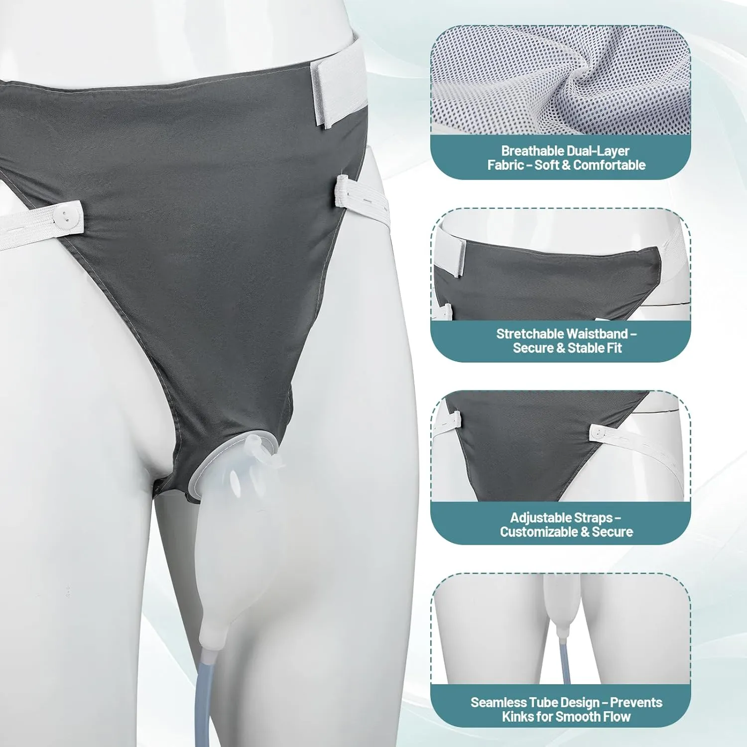 Wearable Urine Collector Set with Silicone Urine Catching Capsule, 1.2M Flexible Catheter, Breathable Cotton Pants, and 1000ml & 2000ml Collection Bags, Men Grey