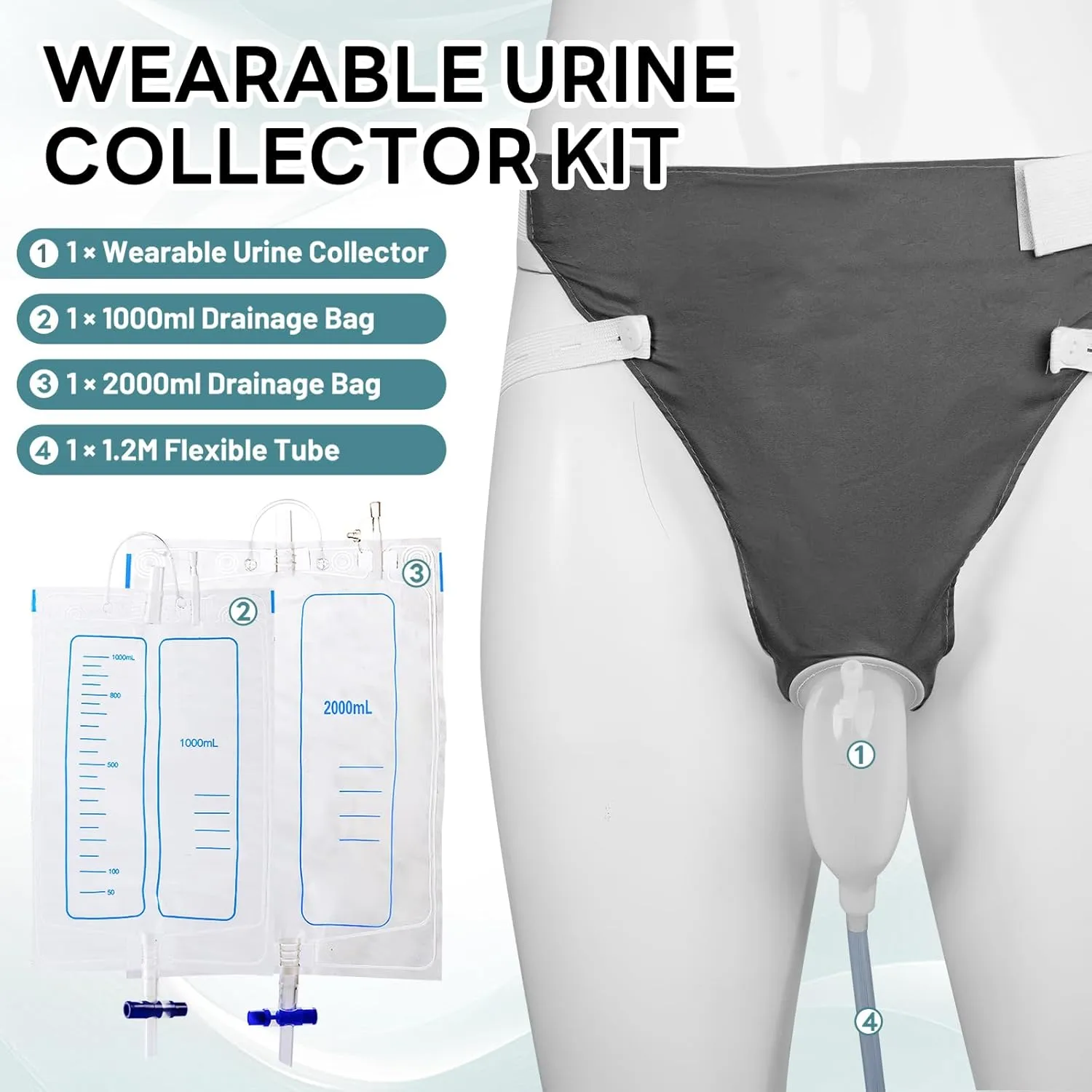 Wearable Urine Collector Set with Silicone Urine Catching Capsule, 1.2M Flexible Catheter, Breathable Cotton Pants, and 1000ml & 2000ml Collection Bags, Men Grey