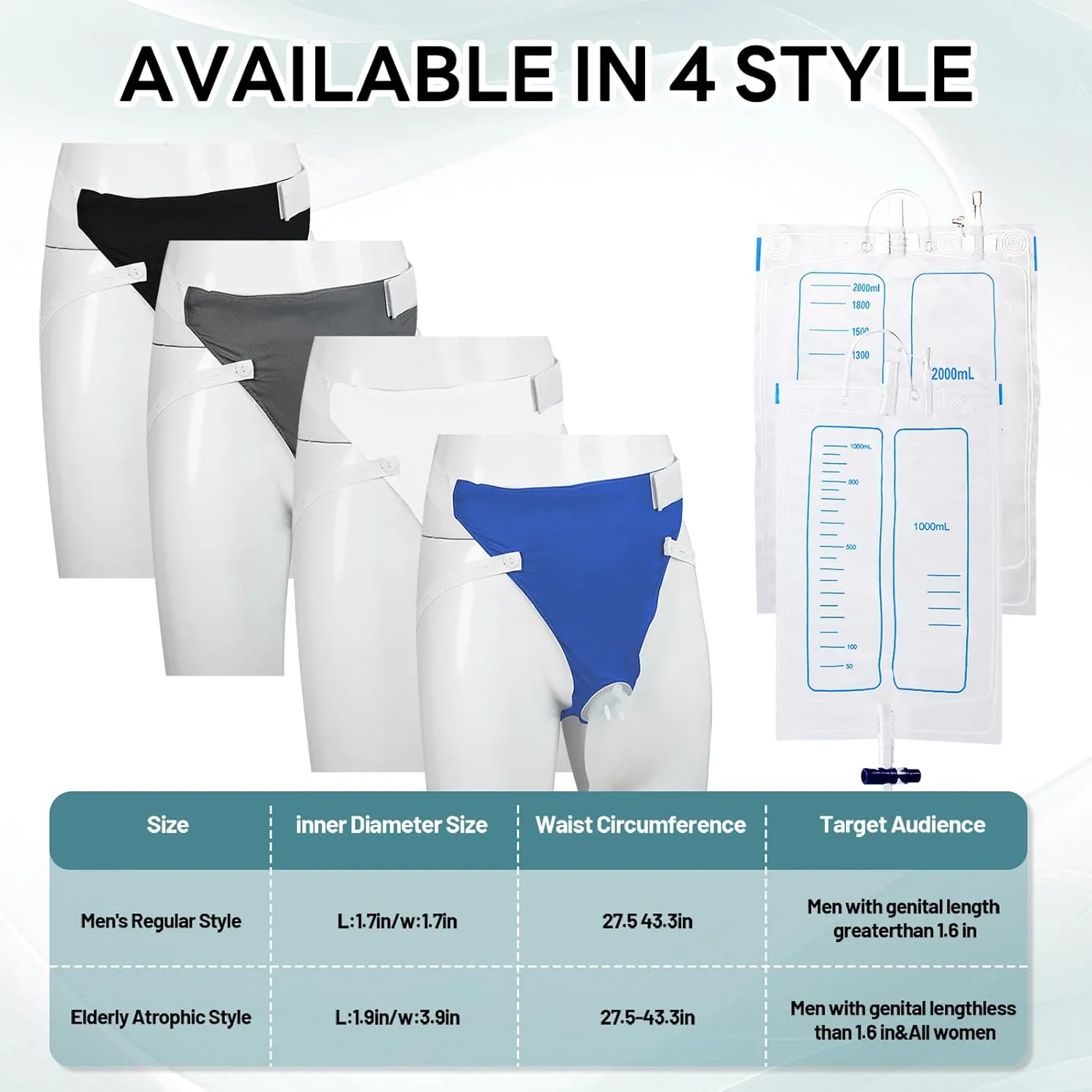 Wearable Urine Collector Set with Silicone Urine Catching Capsule, 1.2M Flexible Catheter, Breathable Cotton Pants, and 1000ml & 2000ml Collection Bags, Men Grey