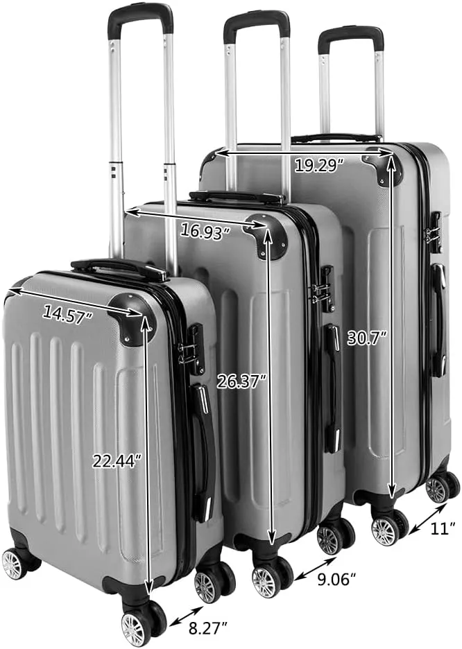WEI WEI GLOBAL 3-Piece Luggage Sets - Travel Bag ABS Trolley Suitcase - Hard Shell Suitcases with Wheels - Traveling Storage Suitcase Set (20", 24", & 28") - Gray