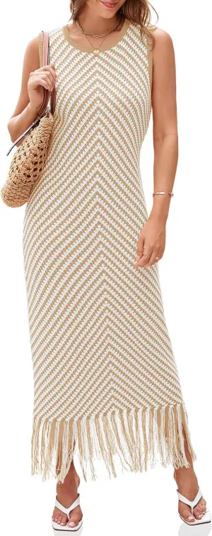 Wenrine Womens Summer Crochet Knit Dress Casual Striped Tassel Sleeveless Boho Maxi Dresses