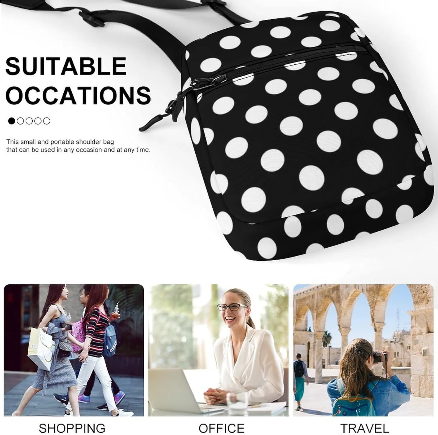 White Black Polka Dots Crossbody Bag Small Shoulder Bag Waterproof, Lightweight And Convenient