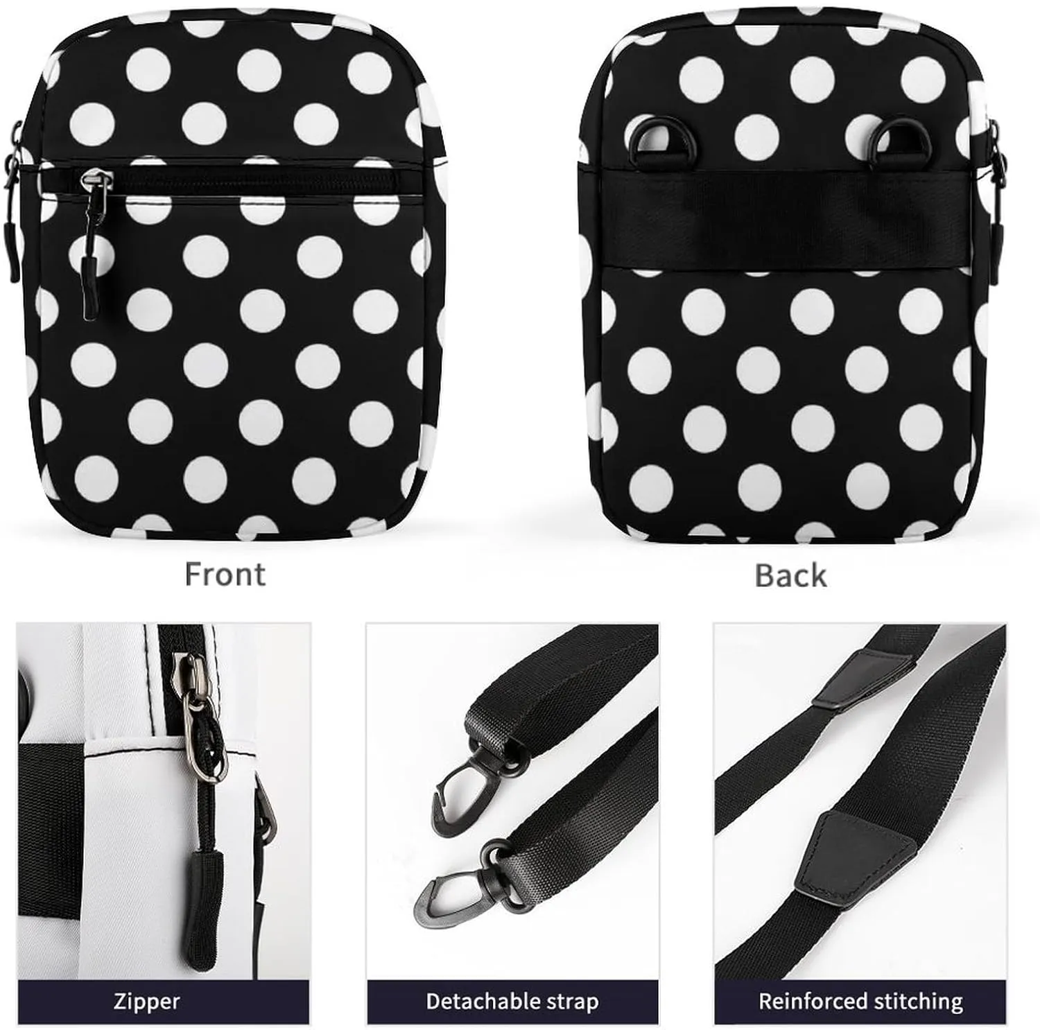 White Black Polka Dots Crossbody Bag Small Shoulder Bag Waterproof, Lightweight And Convenient