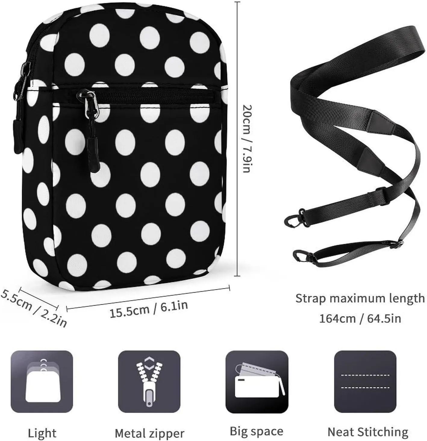 White Black Polka Dots Crossbody Bag Small Shoulder Bag Waterproof, Lightweight And Convenient