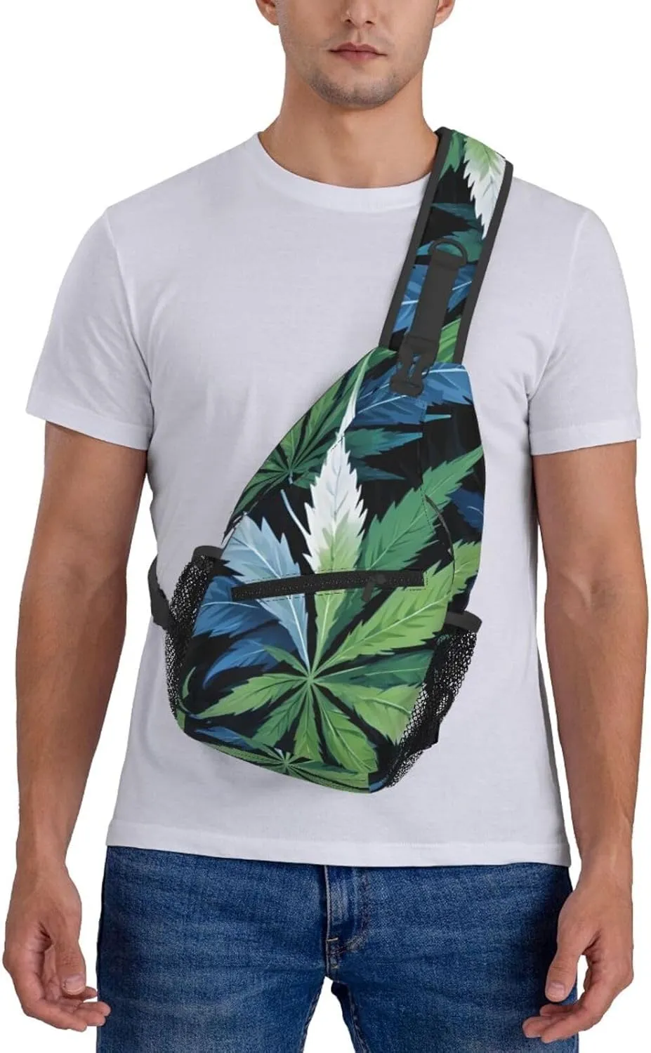 White Camouflage Marijuana Crossbody Backpack Travel Sling Shoulder Bag For Men Women Adjustable Hiking Daypack