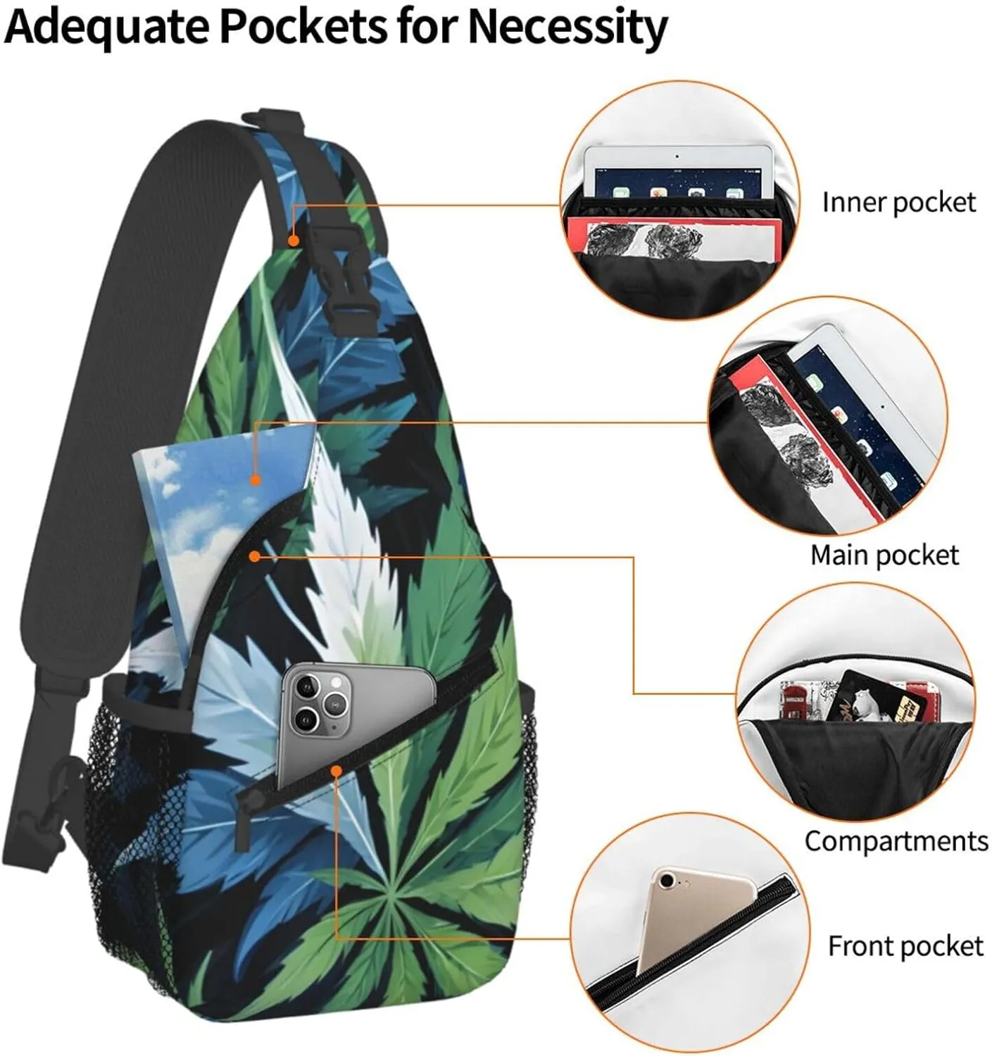 White Camouflage Marijuana Crossbody Backpack Travel Sling Shoulder Bag For Men Women Adjustable Hiking Daypack