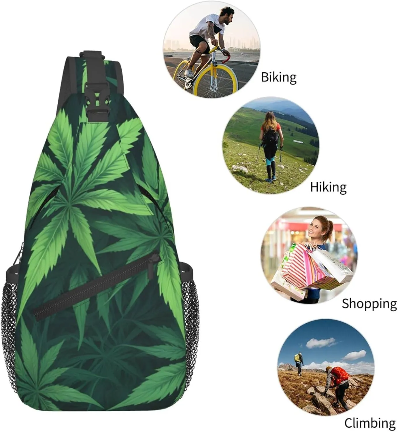 White Camouflage Marijuana Crossbody Backpack Travel Sling Shoulder Bag For Men Women Adjustable Hiking Daypack