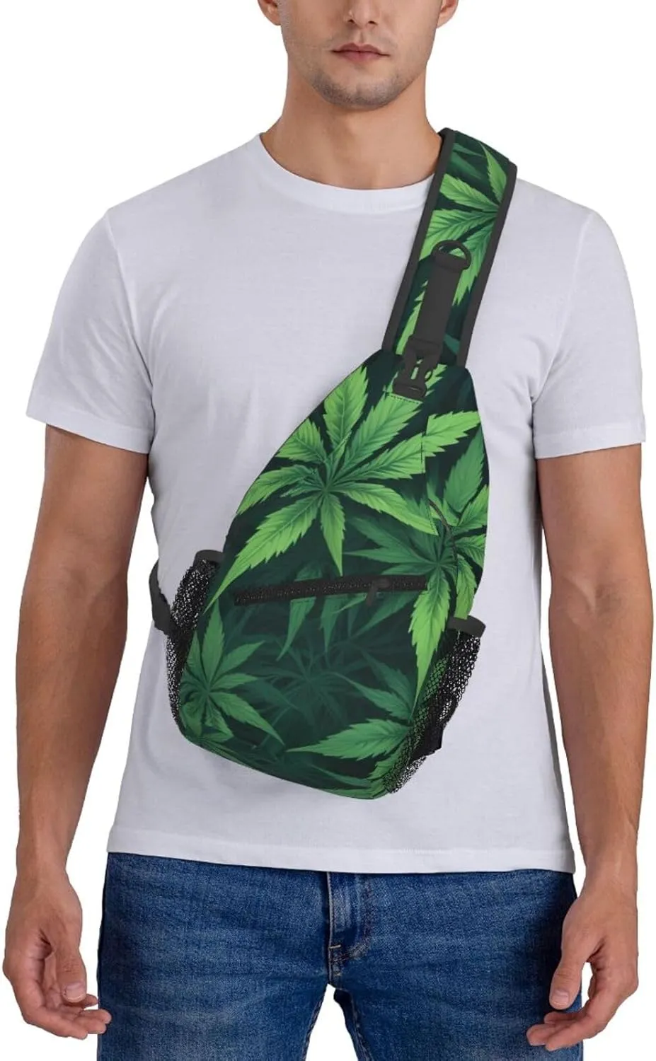 White Camouflage Marijuana Crossbody Backpack Travel Sling Shoulder Bag For Men Women Adjustable Hiking Daypack