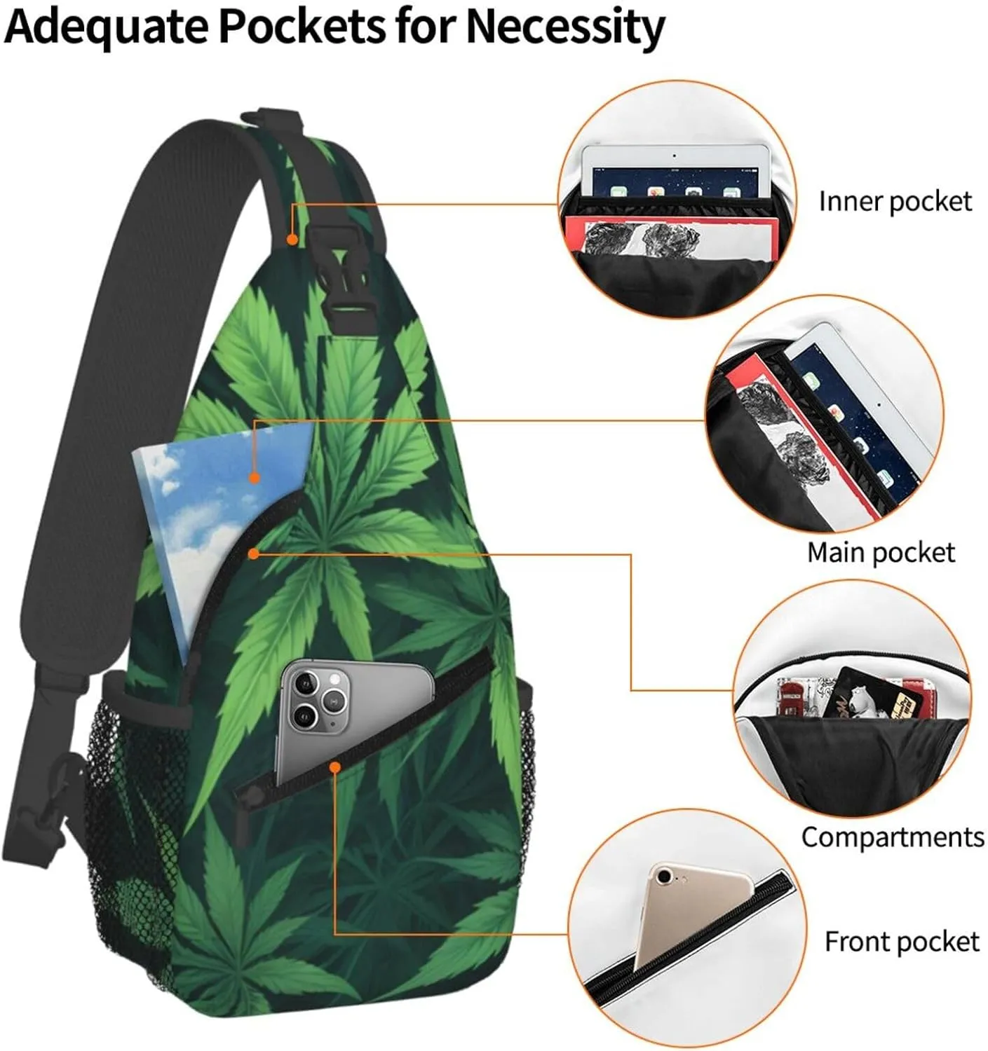 White Camouflage Marijuana Crossbody Backpack Travel Sling Shoulder Bag For Men Women Adjustable Hiking Daypack