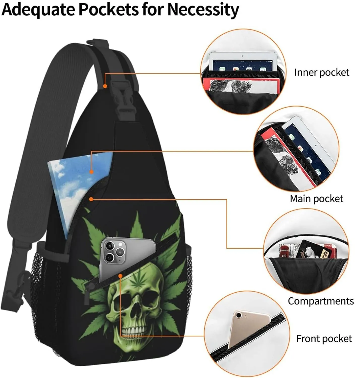 White Camouflage Marijuana Crossbody Backpack Travel Sling Shoulder Bag For Men Women Adjustable Hiking Daypack