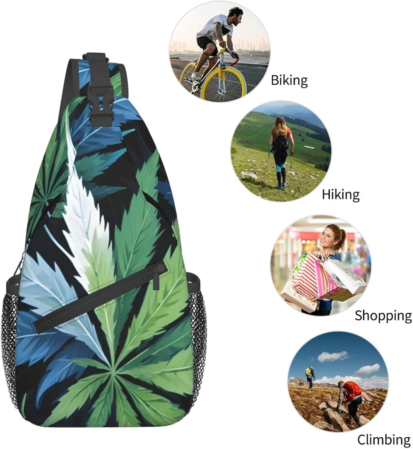 White Camouflage Marijuana Crossbody Backpack Travel Sling Shoulder Bag For Men Women Adjustable Hiking Daypack