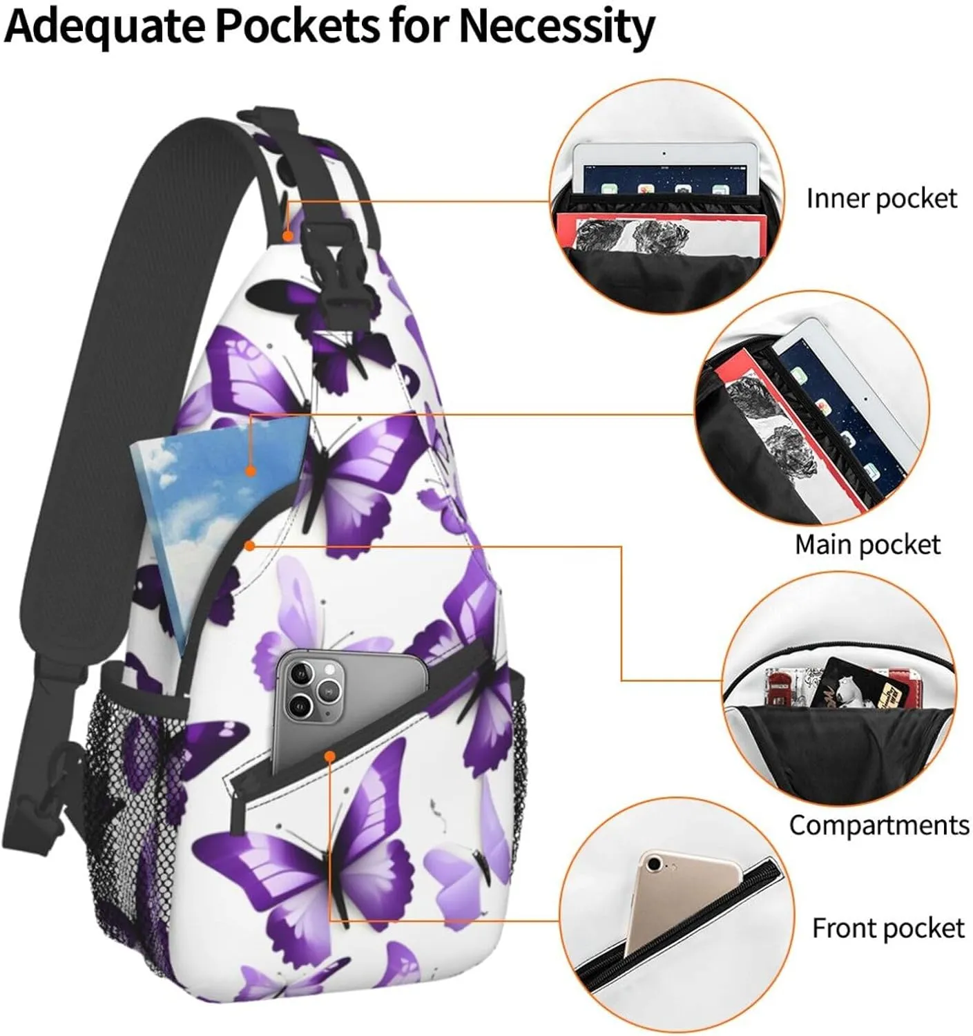 White Purple Butterflies High Storage Capacity Chest Bag Diagonally Sling Backpack Crossbody Shoulder Bag For Men Women