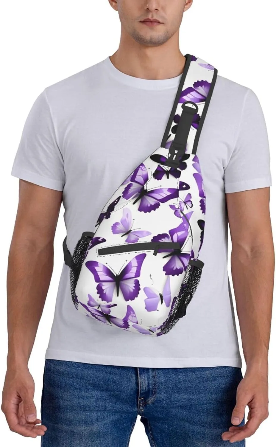 White Purple Butterflies High Storage Capacity Chest Bag Diagonally Sling Backpack Crossbody Shoulder Bag For Men Women