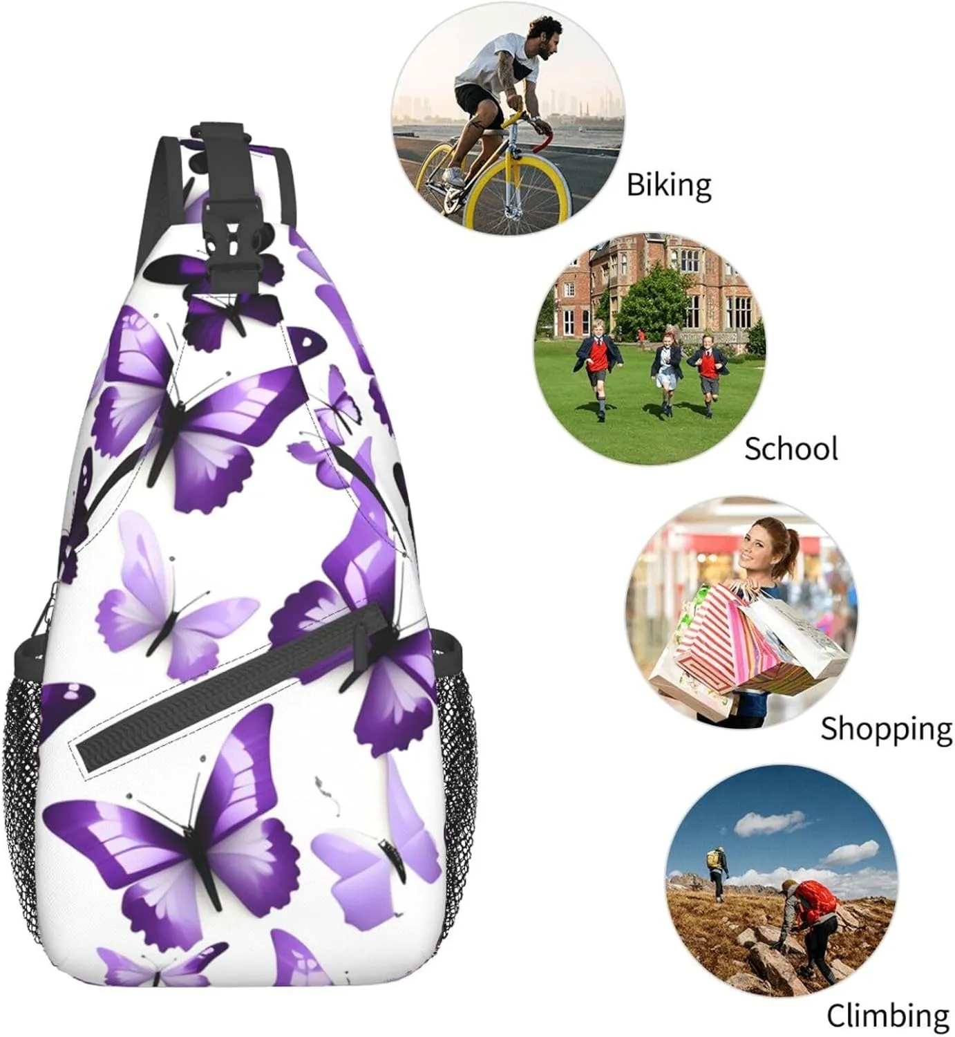 White Purple Butterflies High Storage Capacity Chest Bag Diagonally Sling Backpack Crossbody Shoulder Bag For Men Women
