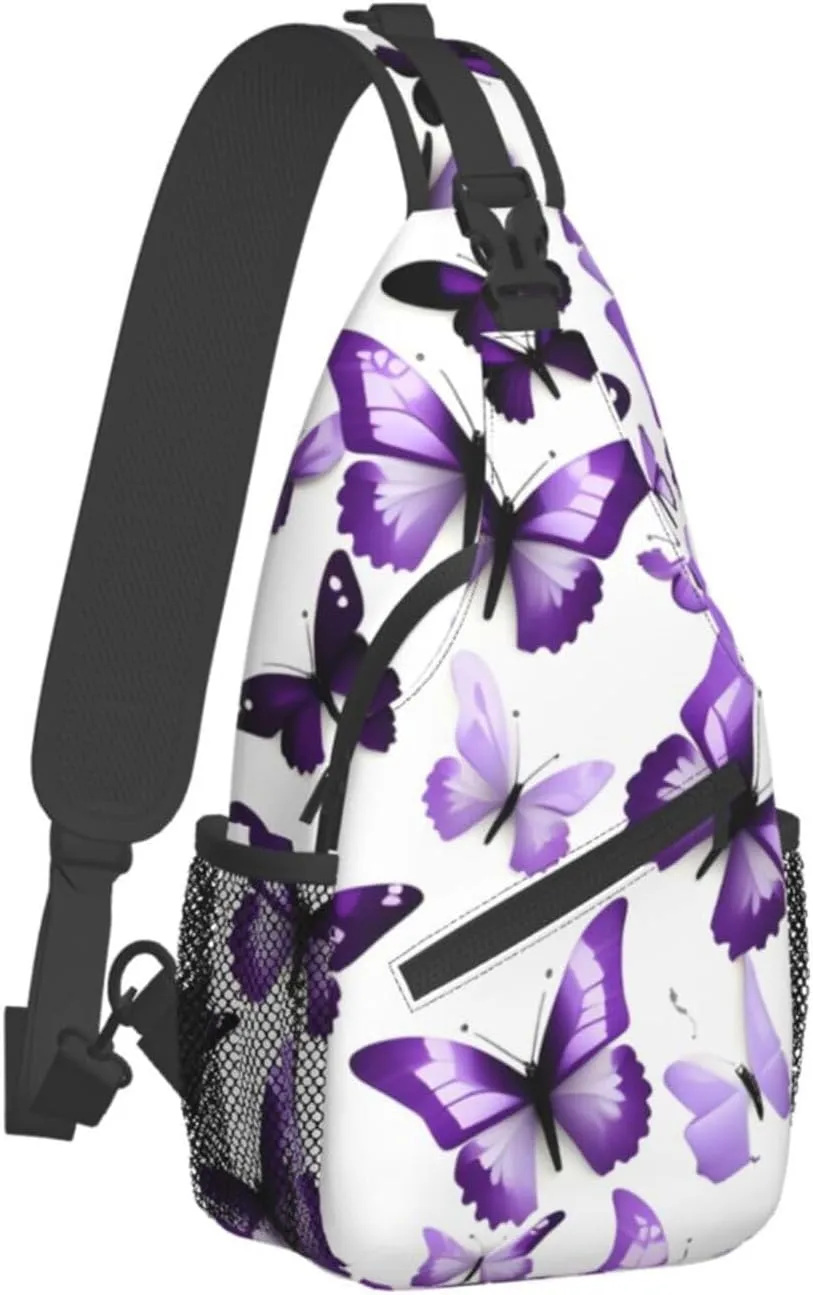 White Purple Butterflies High Storage Capacity Chest Bag Diagonally Sling Backpack Crossbody Shoulder Bag For Men Women