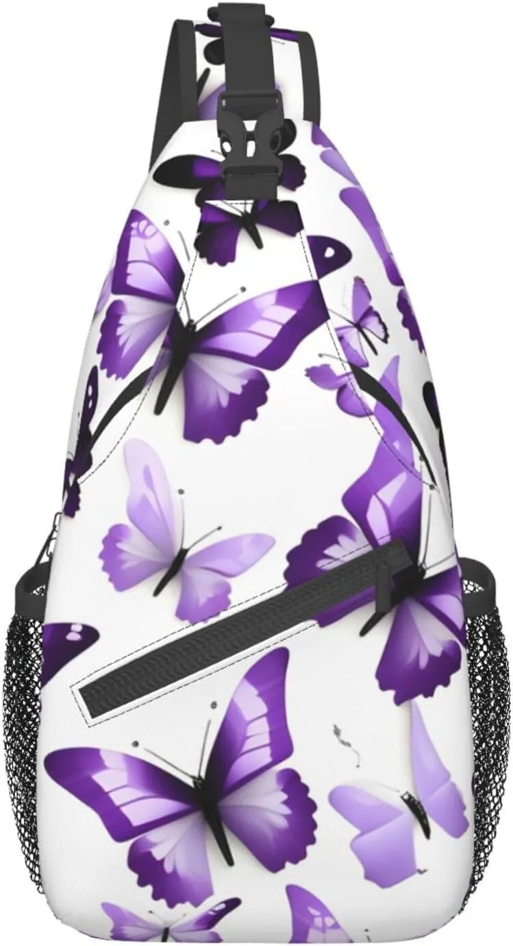 White Purple Butterflies High Storage Capacity Chest Bag Diagonally Sling Backpack Crossbody Shoulder Bag For Men Women