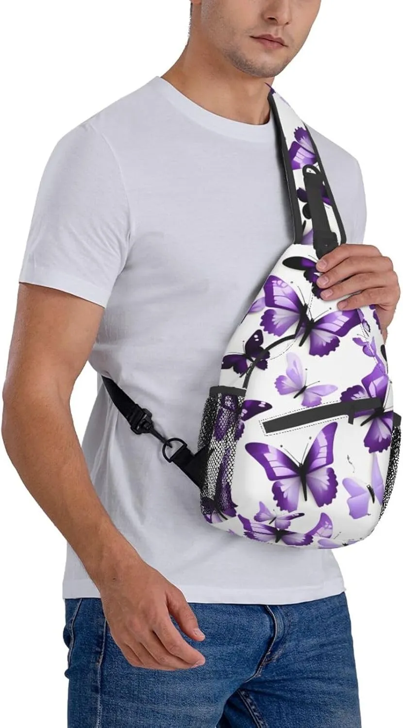 White Purple Butterflies High Storage Capacity Chest Bag Diagonally Sling Backpack Crossbody Shoulder Bag For Men Women