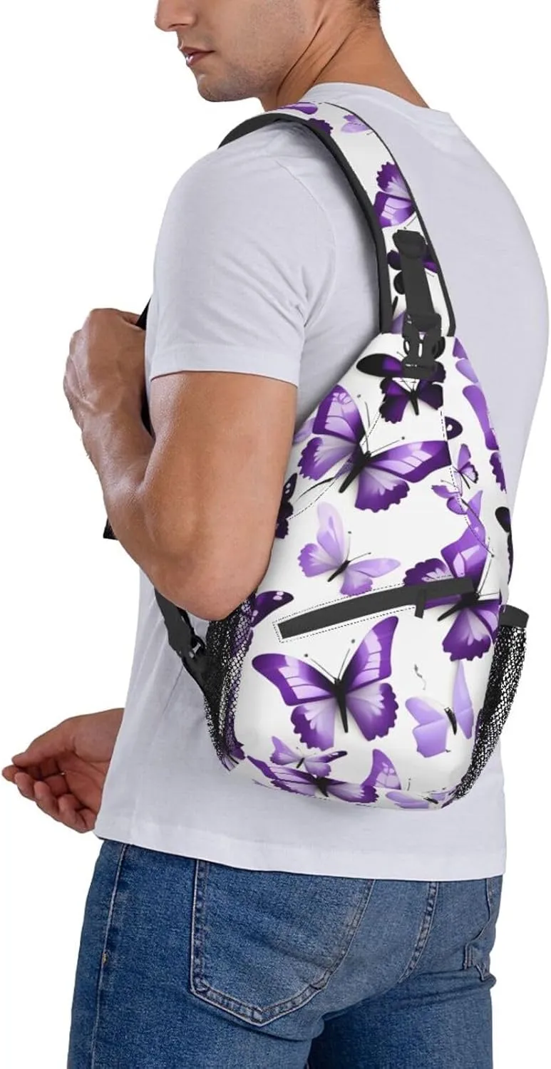 White Purple Butterflies High Storage Capacity Chest Bag Diagonally Sling Backpack Crossbody Shoulder Bag For Men Women